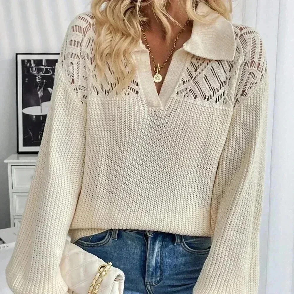 Apricot Casual Women's Hollow-Out Turndown Collar Oversized Long Sleeve Sweater - Picture 3 of 6